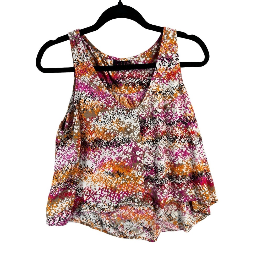 Material Girl XL Sleeveless Tank Womens Abstract Print Button Front Hi Low Hem